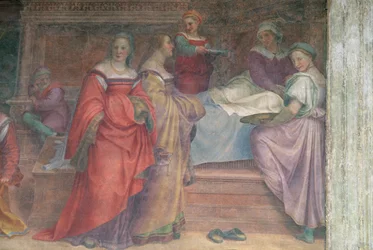 Bettszene, aus der Geburt der Jungfrau (Detail)